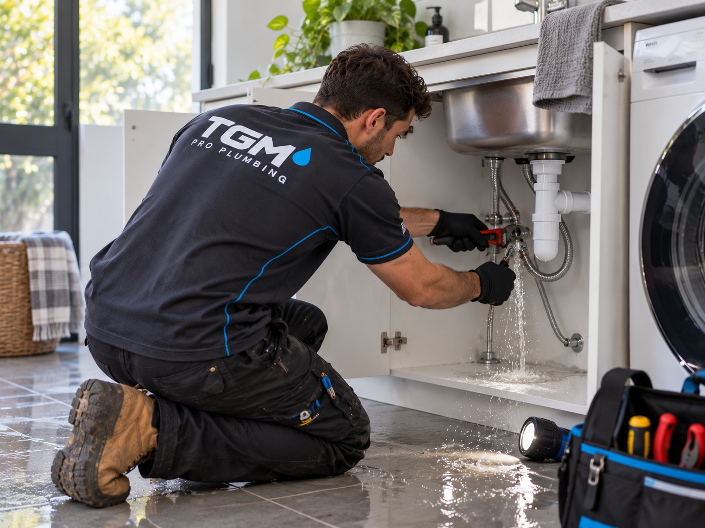 A plumber from TGM Pro Plumbing kneeling on the floor and fixing pipes underneath a kitchen sink in a modern kitchen.