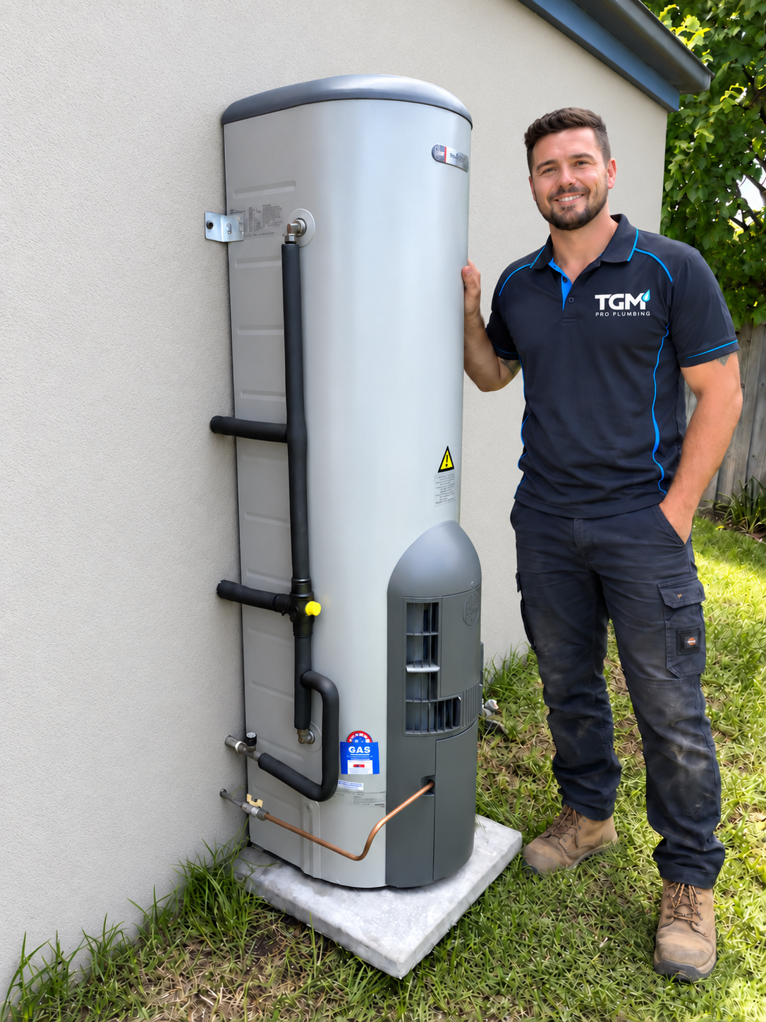A man standing outdoors next to a tall water heater or boiler unit mounted on a concrete pad, with grass and shrubbery nearby. The man is smiling, with one hand on the unit, wearing a navy polo shirt with a plumbing company logo and black work pants.