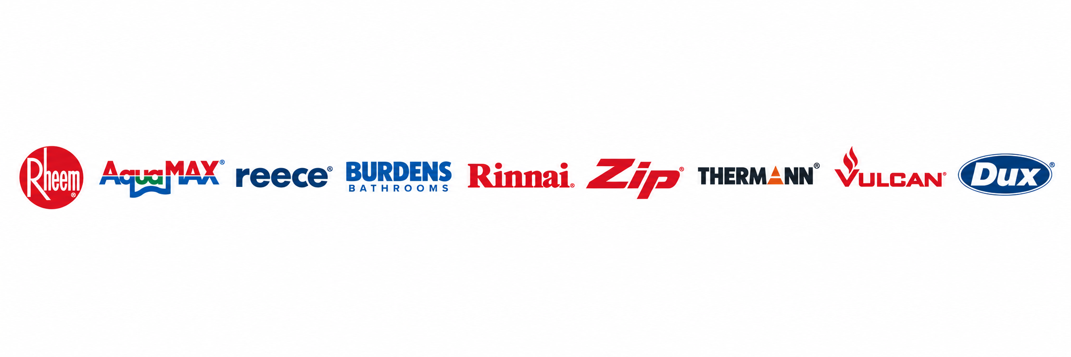 Logos of various home improvement and bathroom brands, including Rheem, Aqua MAX, reece, BURDENS BATHROOMS, Rinnai, Zip, THERMANN, Vulcan, and Dux, arranged in a row on a white background.