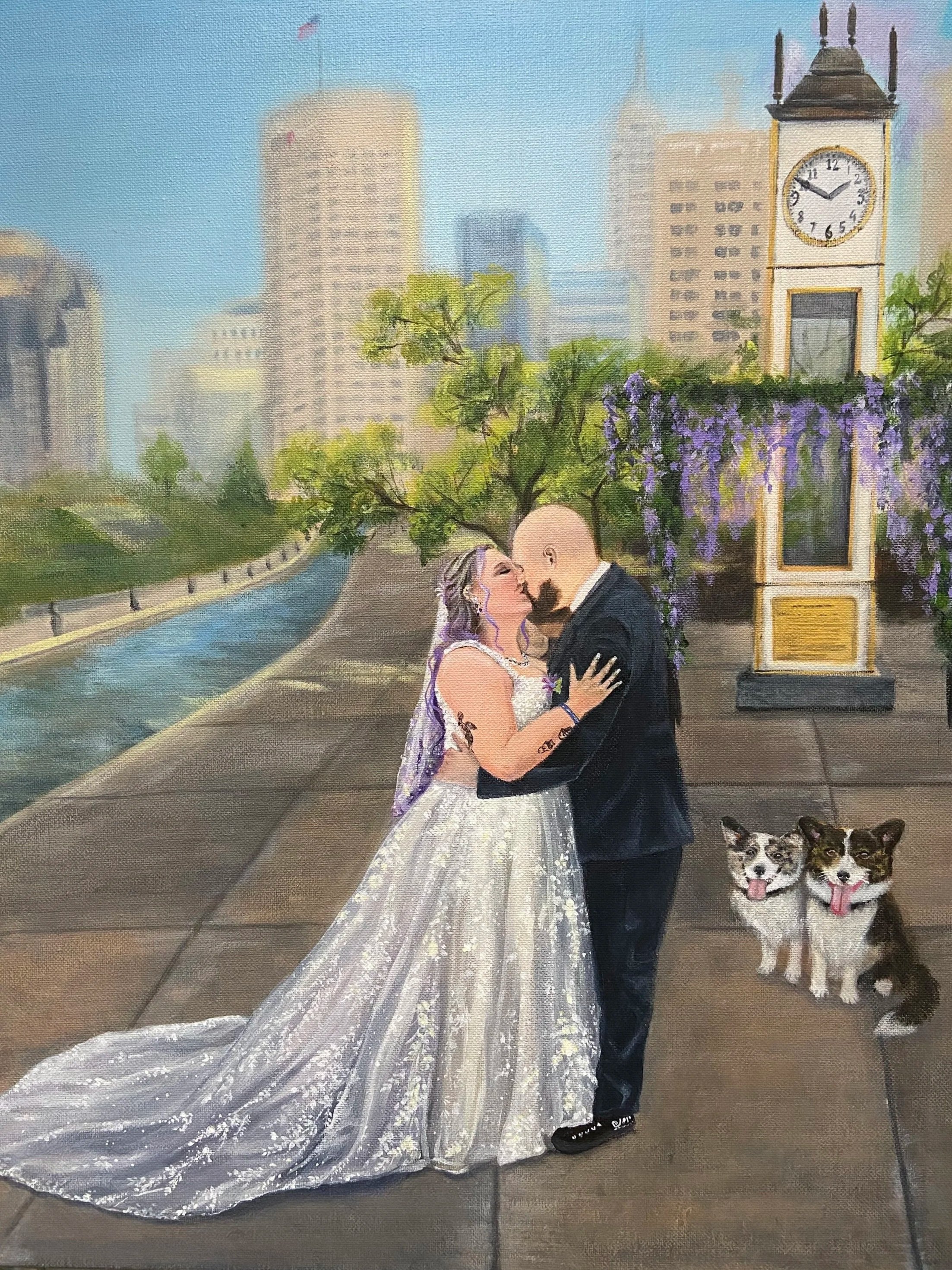 A newlywed couple in wedding attire sharing a kiss outdoors in an urban park setting, with tall buildings in the background, a clock tower, and dogs watching nearby.