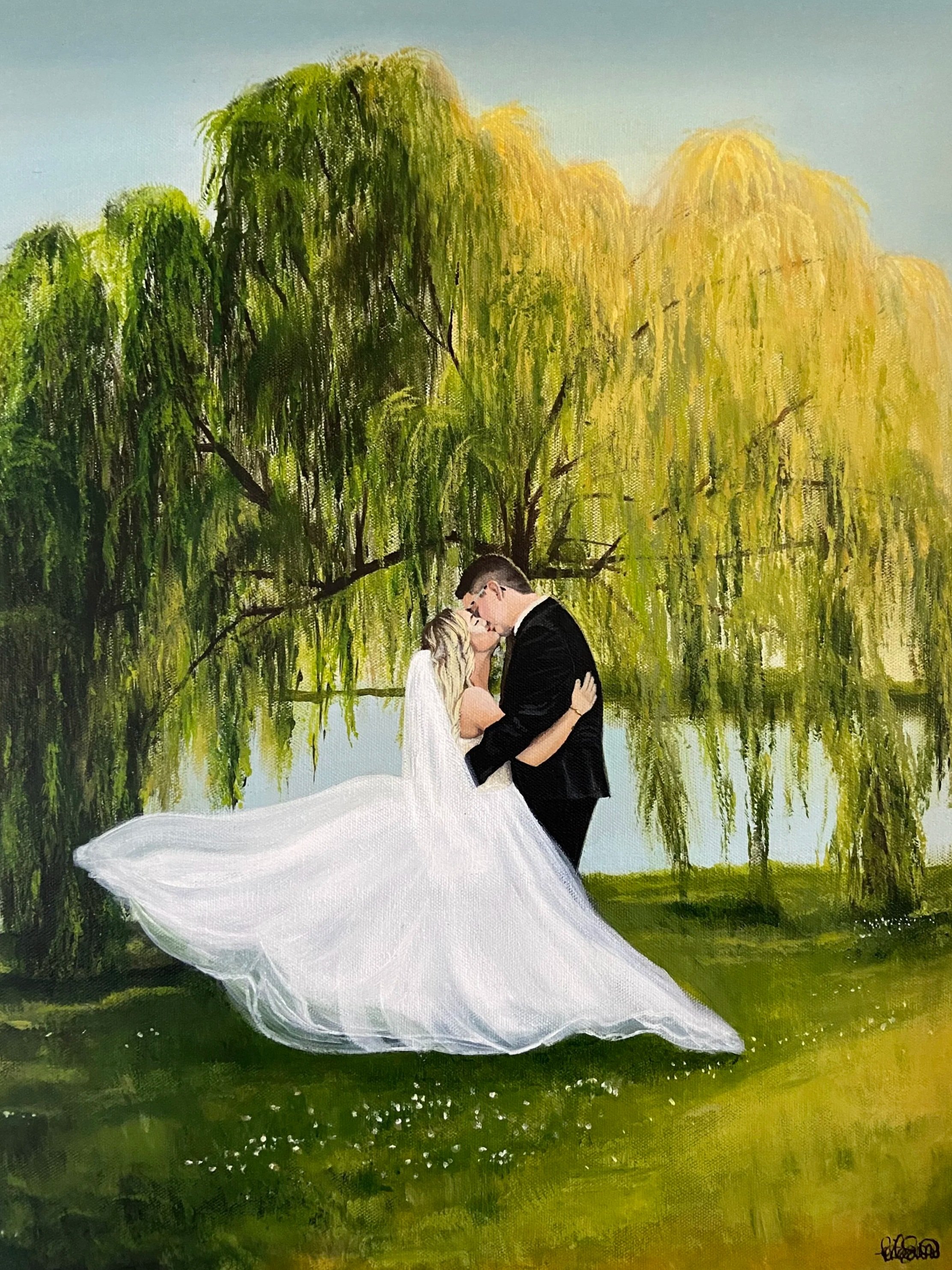 A painting of a couple dressed in wedding attire, embracing and sharing a kiss under large, hanging willow trees with green and yellow leaves, reflected in a body of water.