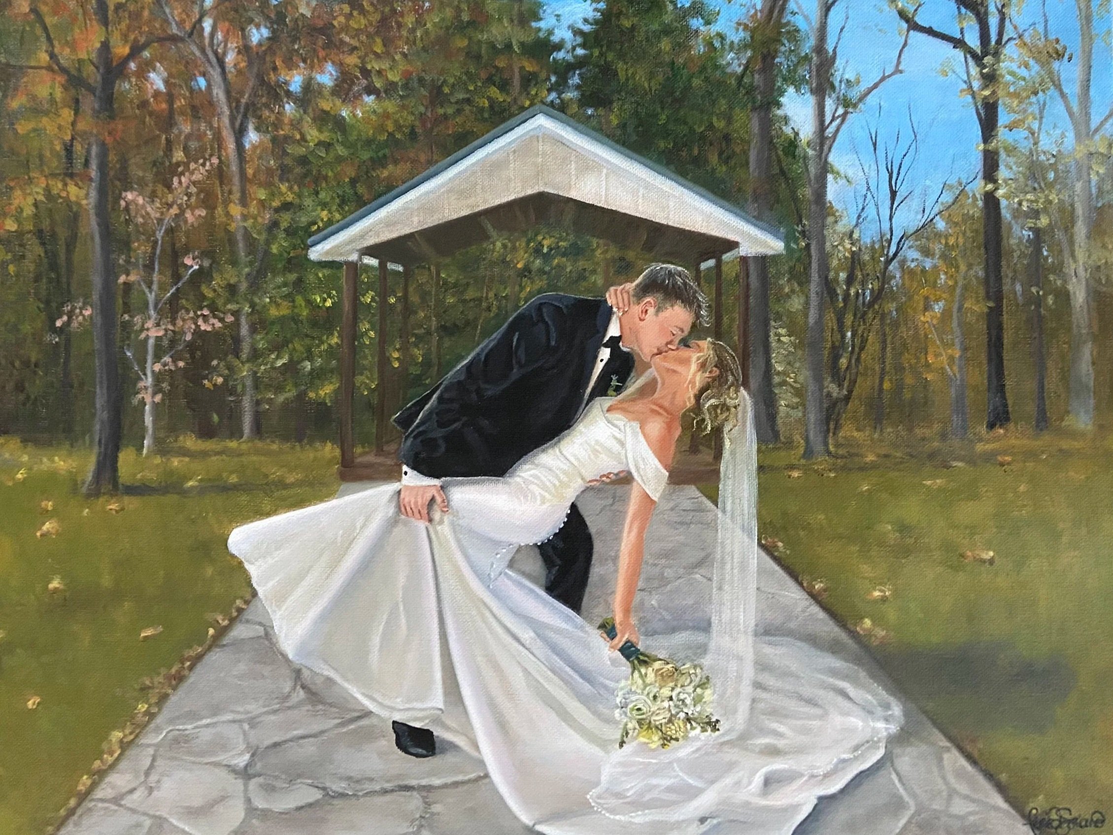 A painting of a newlywed couple kissing outdoors, with the groom in a black tuxedo and the bride in a white wedding dress holding a bouquet, standing on a stone-paved sidewalk in front of a gazebo surrounded by trees with autumn leaves under a clear 