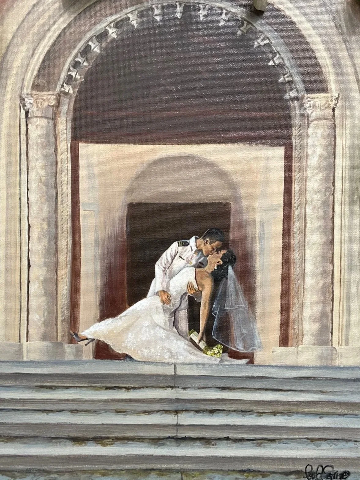 A painting depicting a bride in a wedding gown with a veil and a military groom in uniform, leaning over her on a staircase, with an ornate archway in the background.