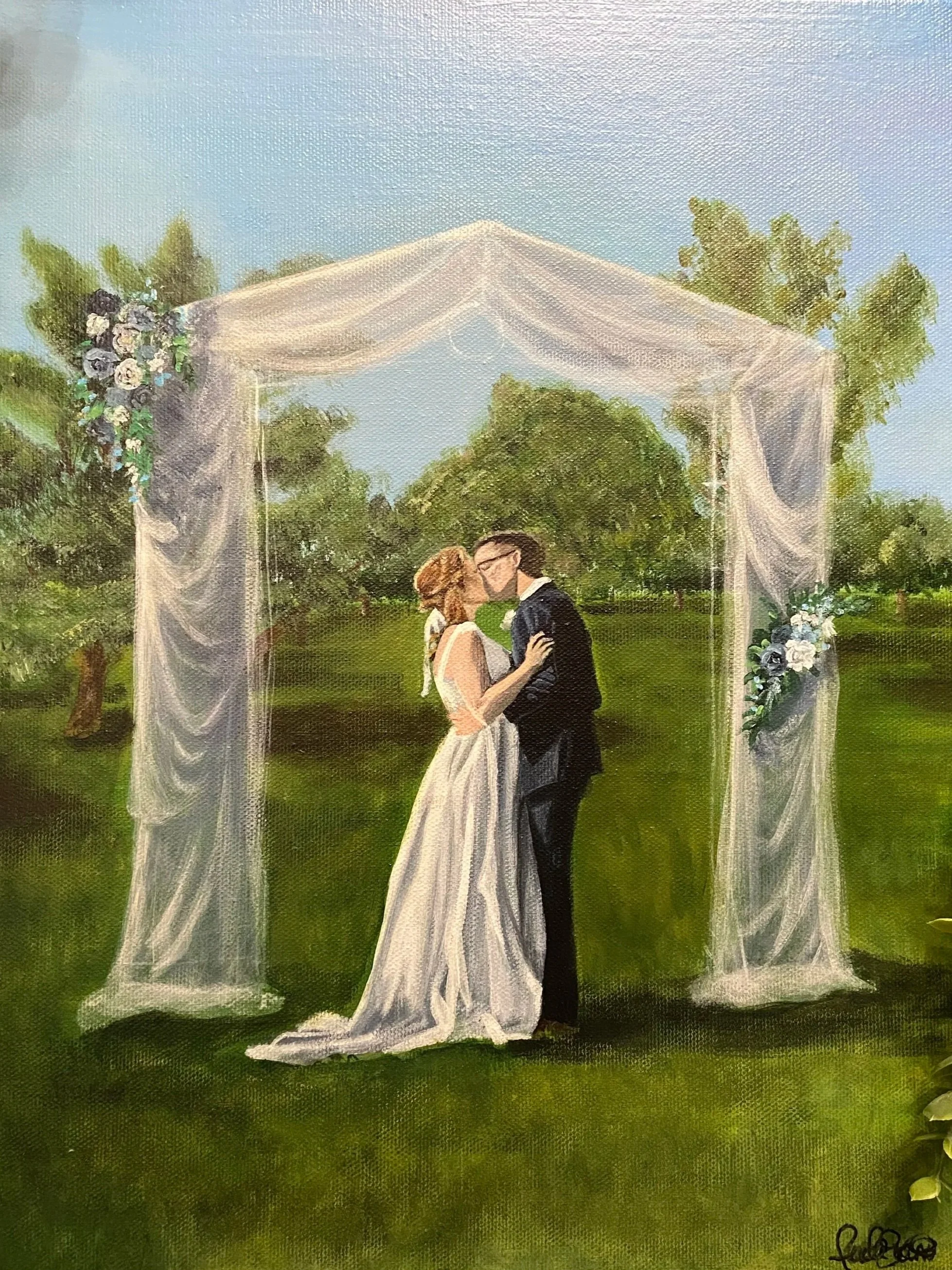 Painting of a bride and groom sharing a kiss under a driftwood canopy decorated with flowers, set outdoors on grass with trees in the background.