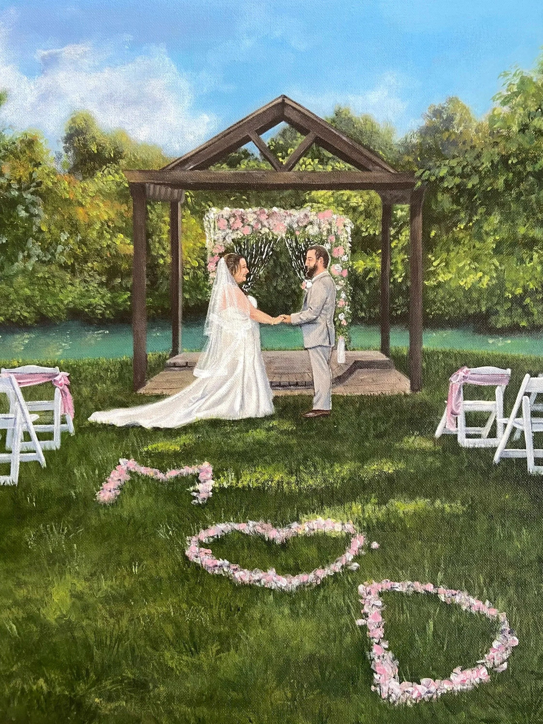 A painting of a wedding ceremony outdoors with a couple holding hands under a small wooden pavilion, surrounded by green trees and a blue sky, with chairs decorated with pink ribbons and a heart-shaped flower arrangement on the grass.