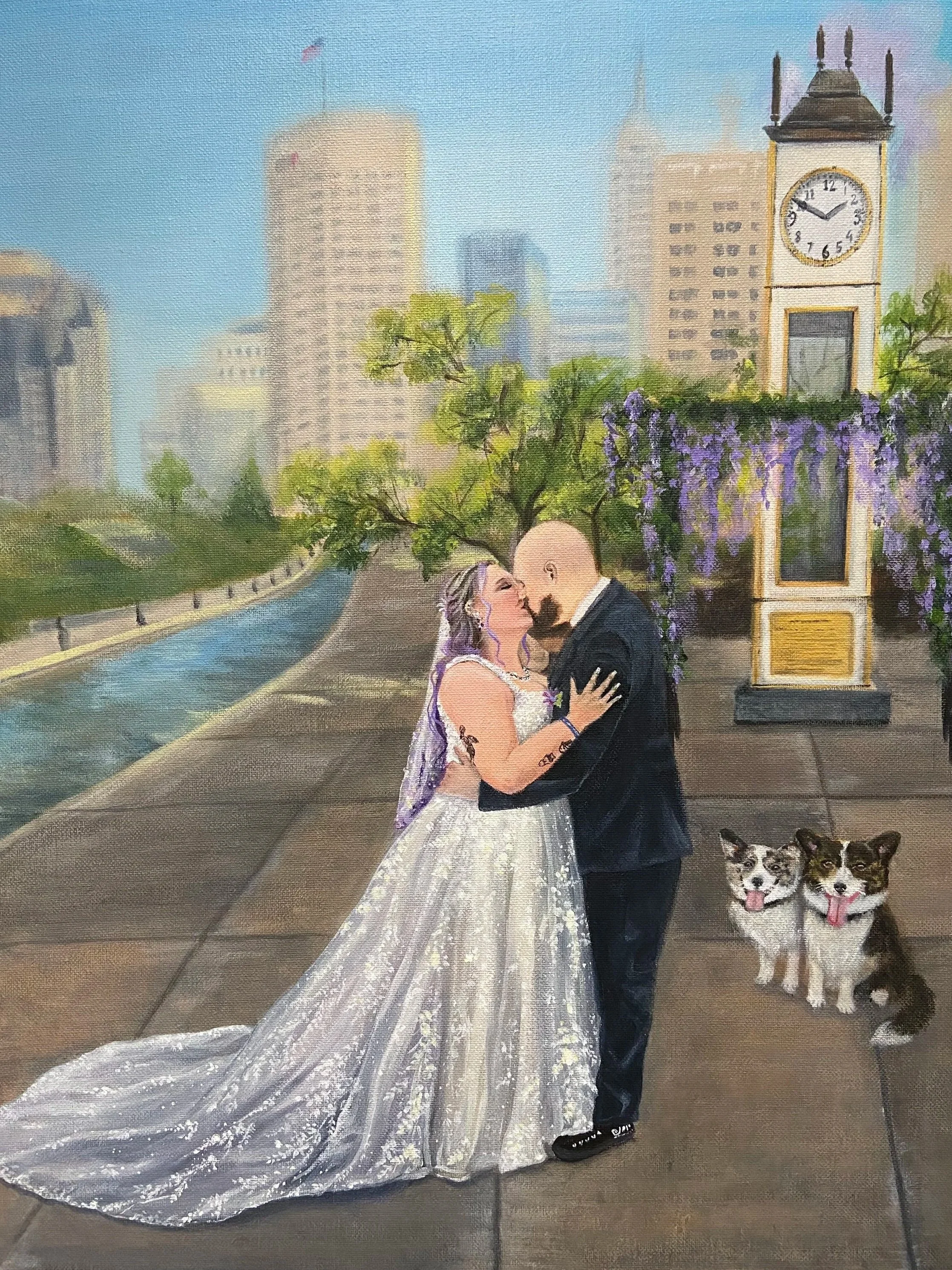 A painting of a bride and groom kissing outdoors near a clock tower with purple flowers and tall buildings in the background, accompanied by two Australian shepherd dogs.