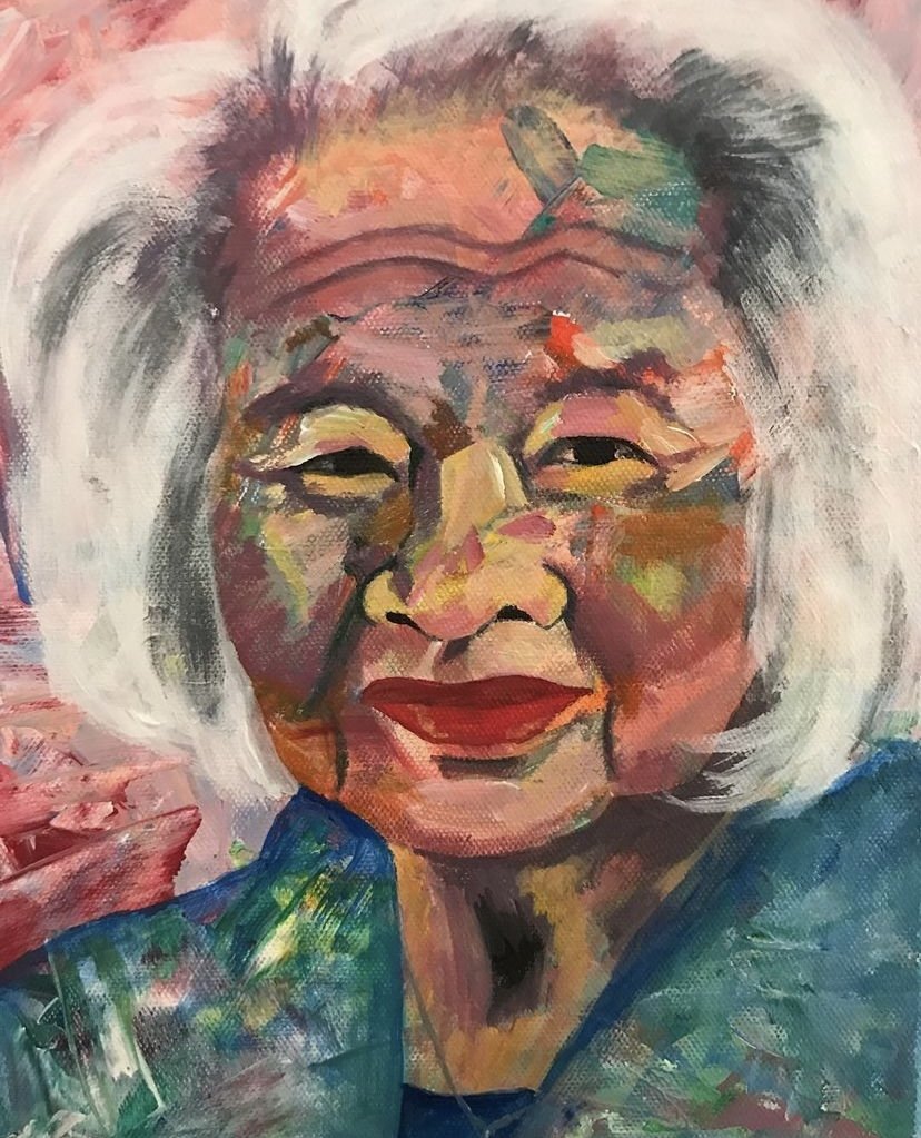 A colorful abstract portrait of an elderly woman with white hair, smiling with closed eyes, wearing red lipstick and a blue top.