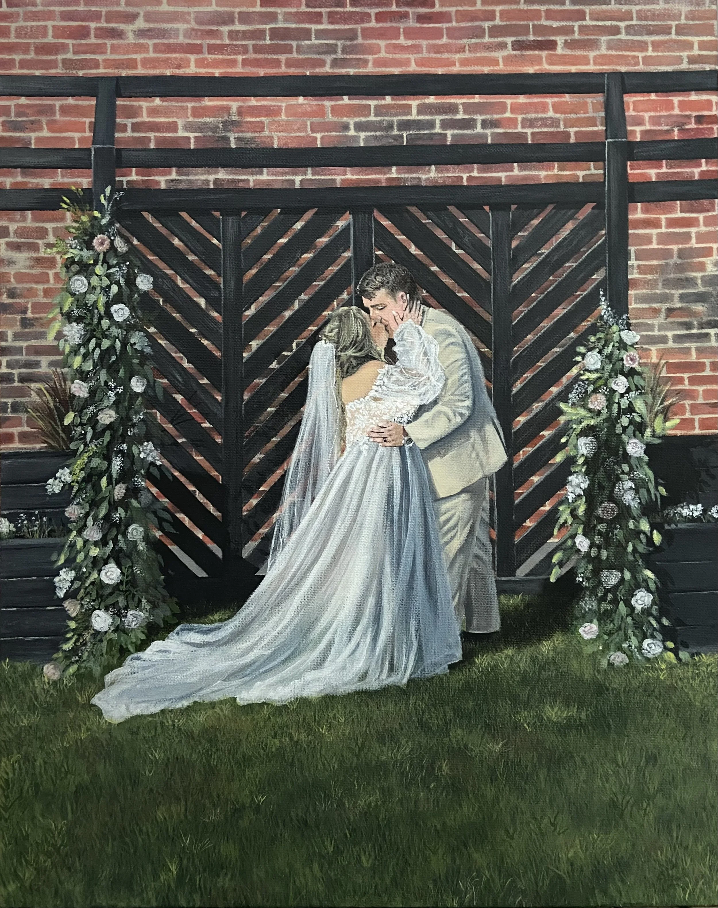 Painting of a couple kissing, standing in front of a black wooden lattice framework decorated with white and pink flowers, against a brick wall background, with grass at the base.