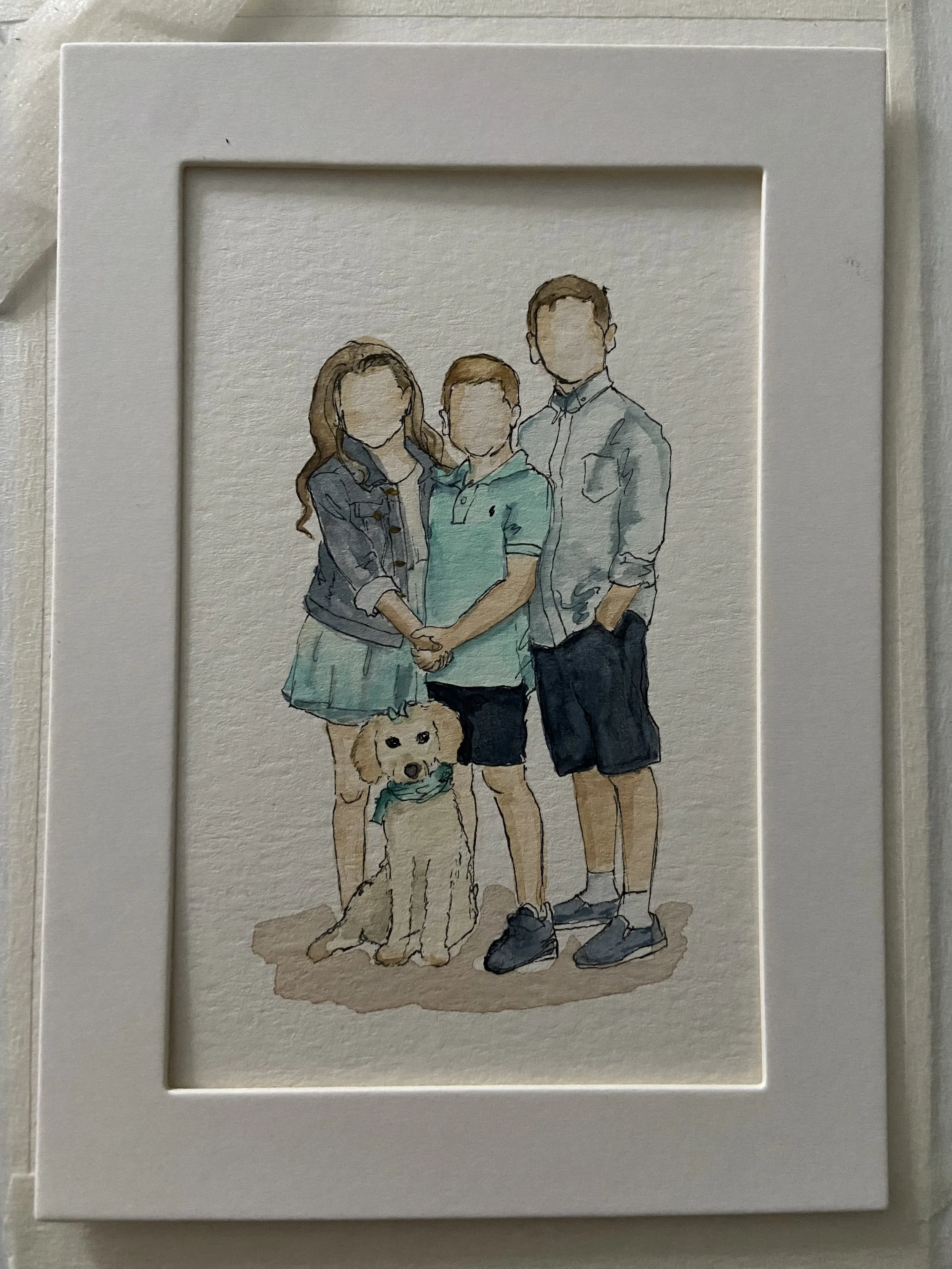 A watercolor painting of a family of three standing together with their dog. The mother has long wavy hair, the father has short hair, and the child has short straight hair. The dog is sitting at their feet, wearing a bandana.