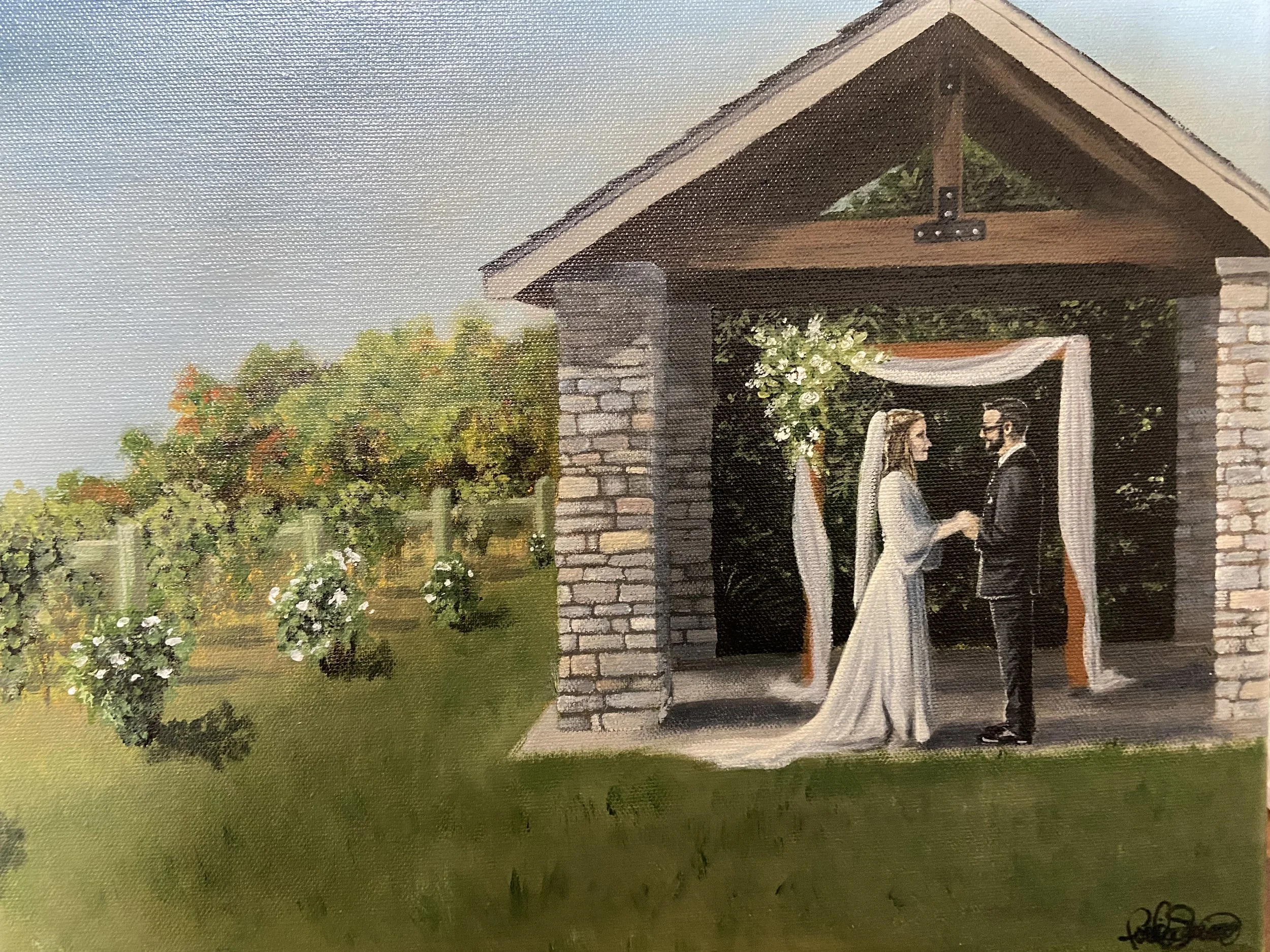 A painting depicts a bride and groom holding hands and exchanging vows outside a small brick chapel with a gabled roof and decorative greenery hanging above the entrance, set in a lush green landscape with trees and bushes.