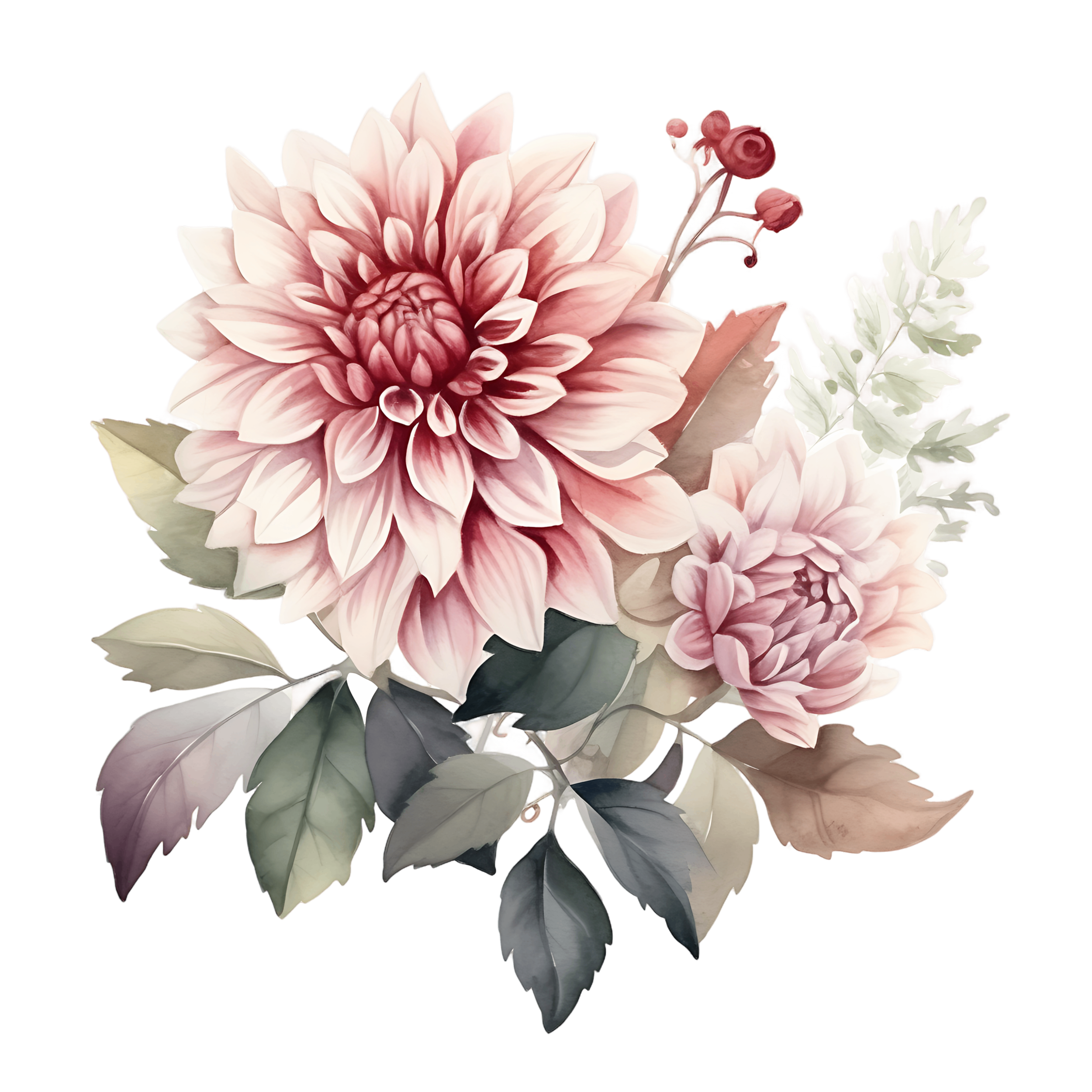 A digital illustration of a large pink and white dahlia flower with green and white leaves behind it and some small pink buds to the side.