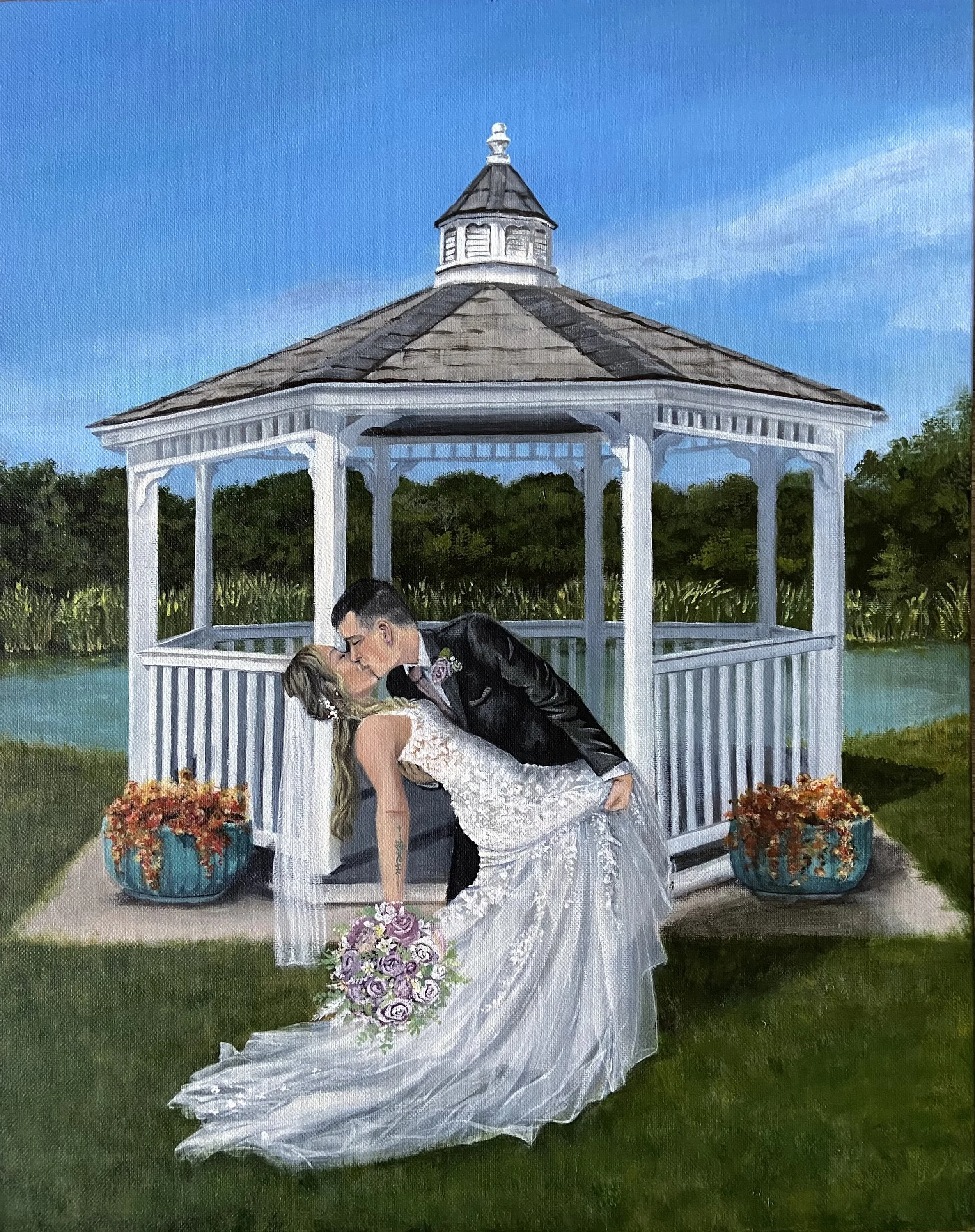 A painting of a bride and groom kissing under a white gazebo by a river with trees in the background, flowers in pots, and a cloudy blue sky.