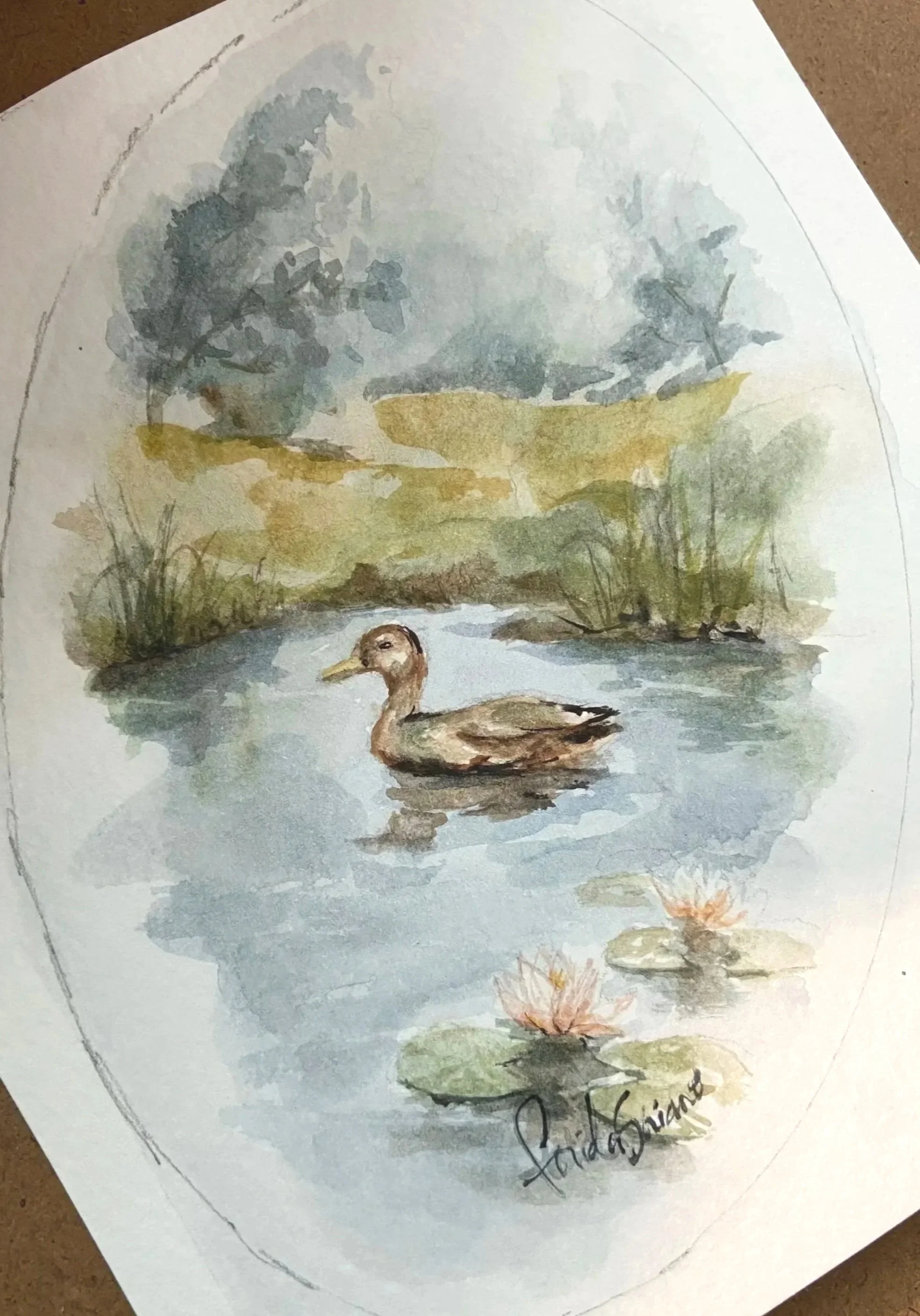 A watercolor painting of a pond scene featuring a swimming duck, lily pads with flowers, lush green trees, and a landscape in the background, with the artist's signature visible at the bottom.