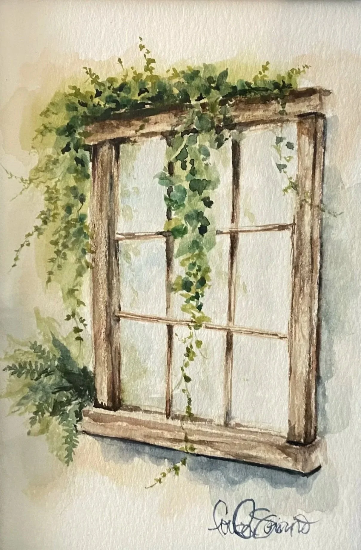 Watercolor painting of an old wooden window frame with green vines growing around it.