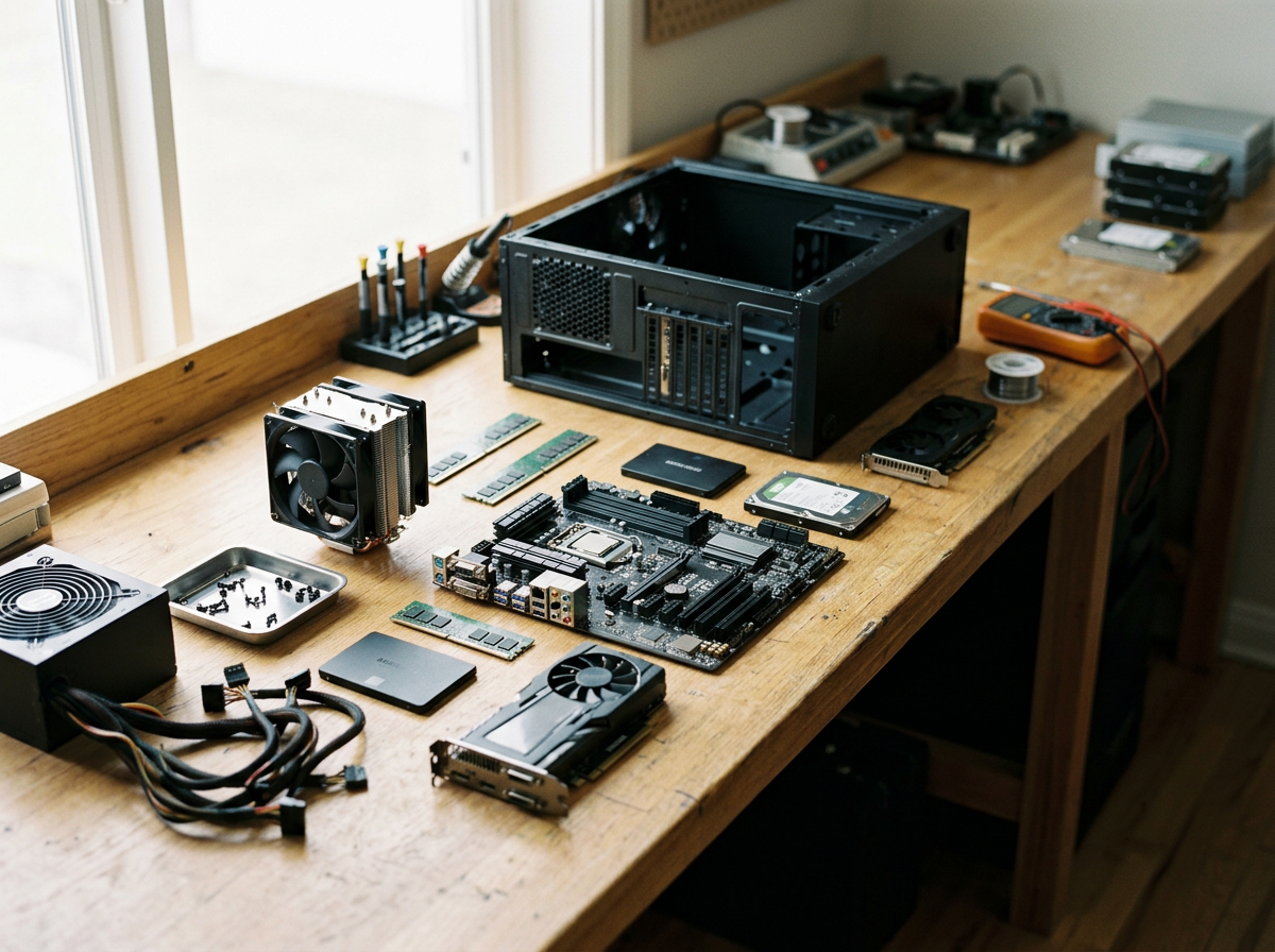 Disassembled computer parts and tools on a wooden workbench, including a motherboard, power supply, RAM sticks, CPU cooler, hard drives, and various cables.