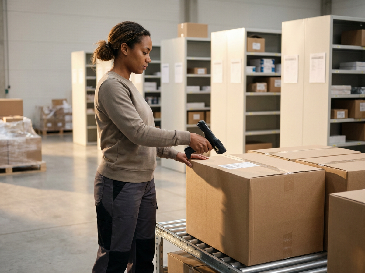 A woman in a warehouse is using a barcode scanner to scan a large cardboard box on a conveyor belt.