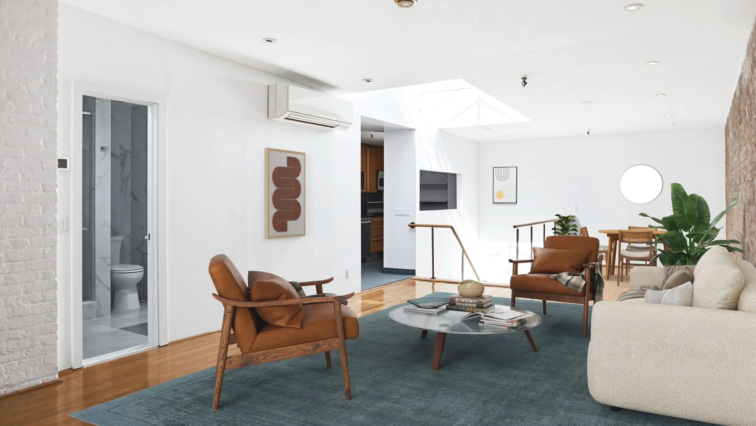 Real estate photography of an NYC or brooklyn apartment Modern living room with white walls, wooden floors, and contemporary furniture including a beige sofa, brown armchair, and a glass coffee table.
