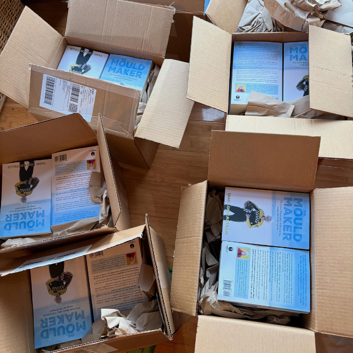 five open cardboard boxes containing copies of The Mould Maker books