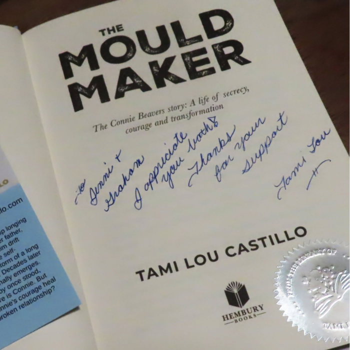 Inside page inscription by author Tami Lou Costillo. The books is The Mould Maker