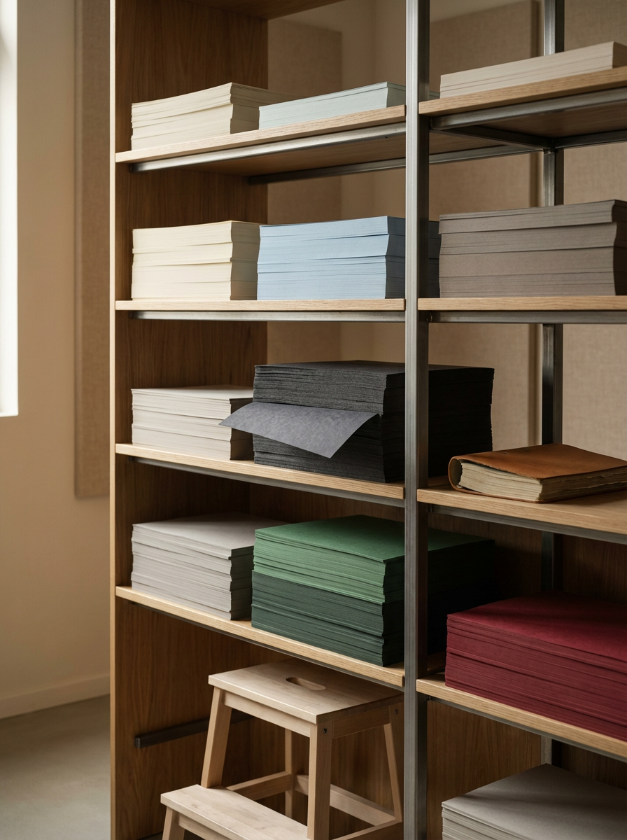 Shelf with neatly stacked colored paper and a wooden step stool in front.