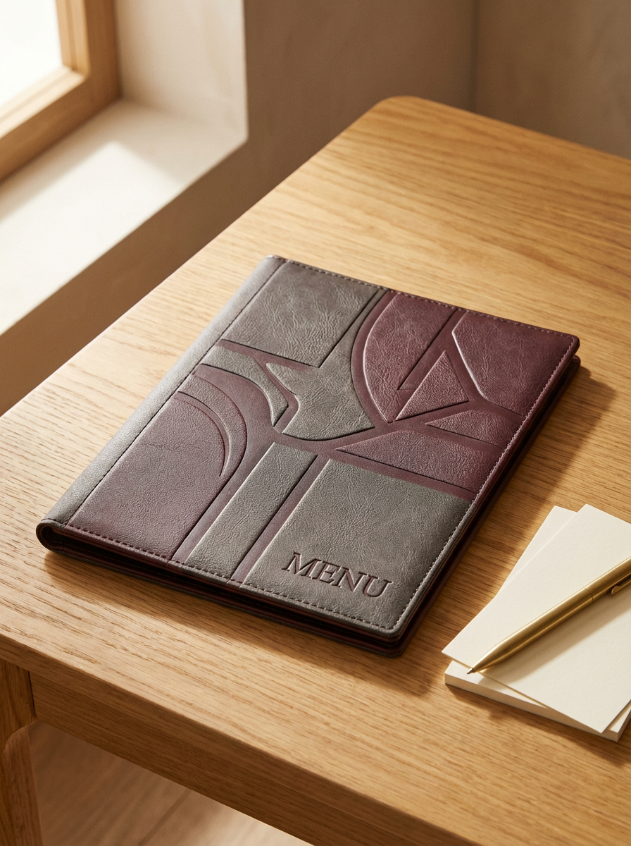 A leather menu cover with geometric patterns and the word 'MENU' embossed on it, placed on a wooden table next to a notepad and a gold pen.