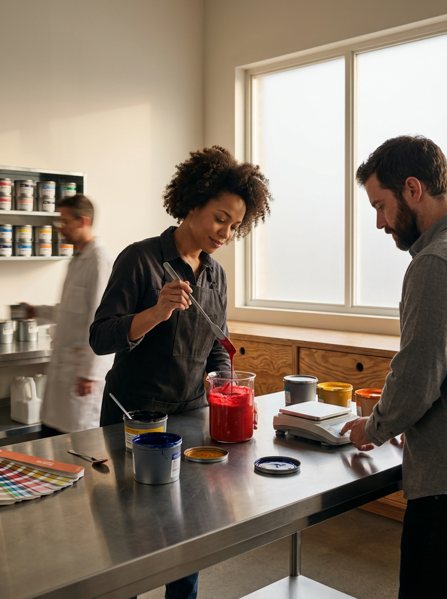 Two women and one man in a room with a large window, one woman is mixing paint in a glass jar, the other woman is in the background, and the man is looking at a scale on a stainless steel table with paint samples and containers.