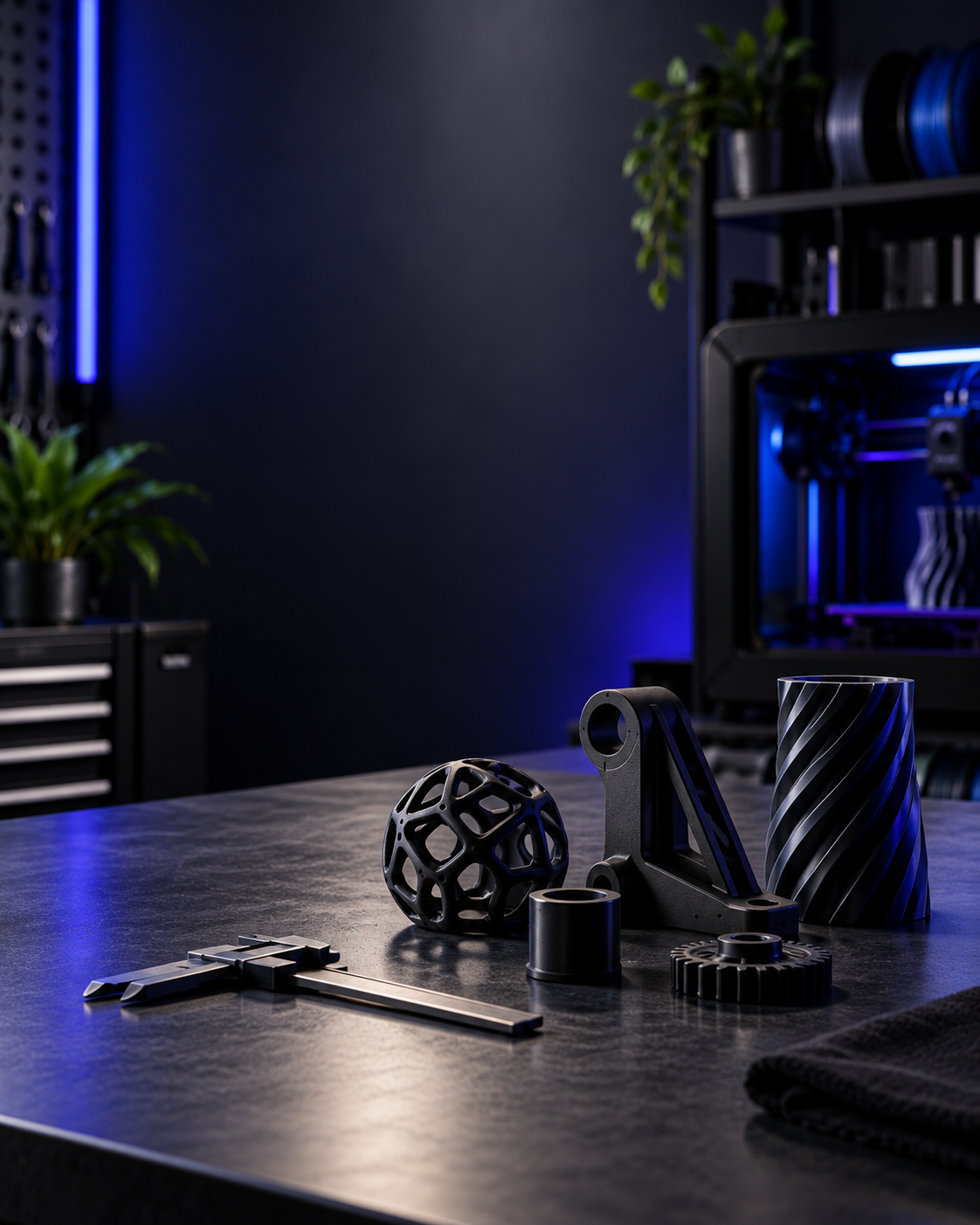 3D printer with various printed parts, caliper, and a cloth on a dark workbench, with a 3D printer and plants in the background.