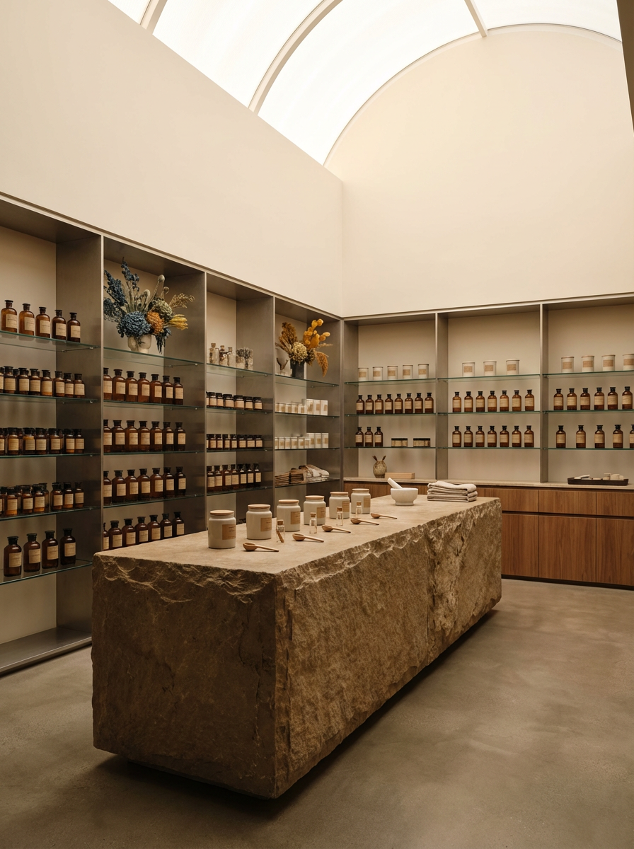A minimalist store interior with shelves filled with bottles and jars, a large stone display table with skincare or cosmetic products and wooden tools, and decorative flowers on the shelves.