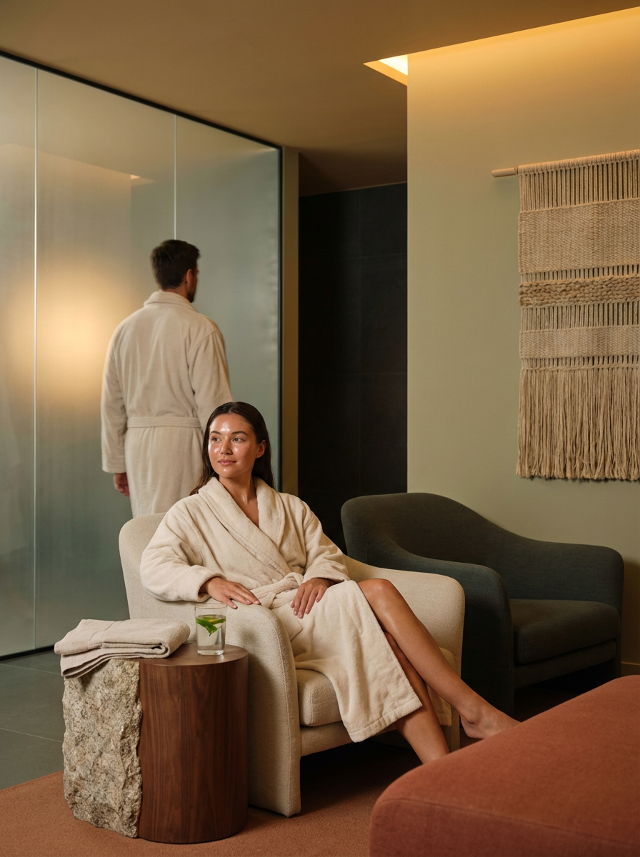 A woman seated in a spa robe in a relaxing room with a man in a spa robe in the background. The woman is sitting on a comfortable armchair next to a small wooden side table with a glass of mint water. The room features modern decor, soft lighting, and a woven wall hanging.