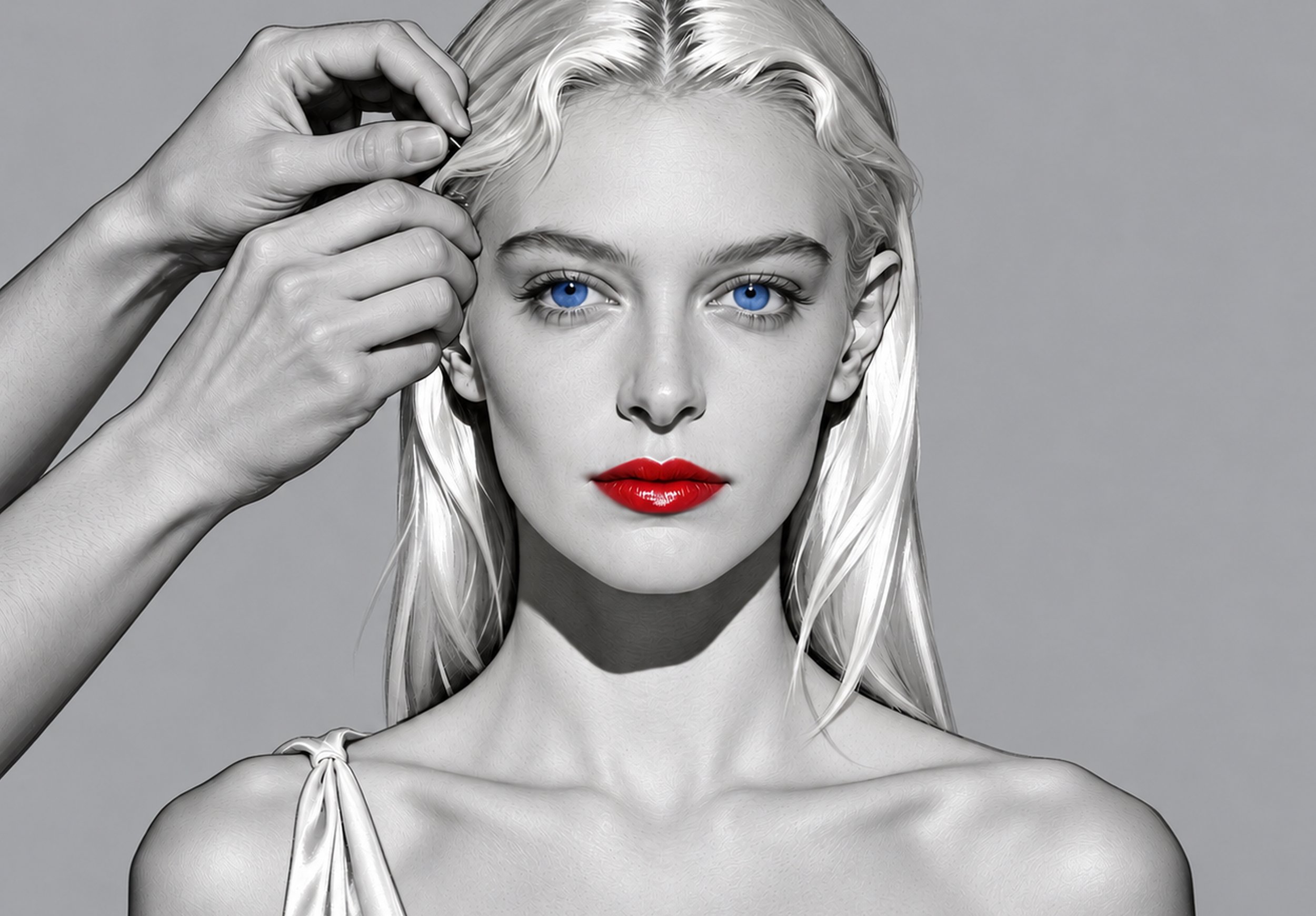 Stylized black-and-white close-up portrait of a blonde woman with striking blue eyes and red lipstick adjusting her hair