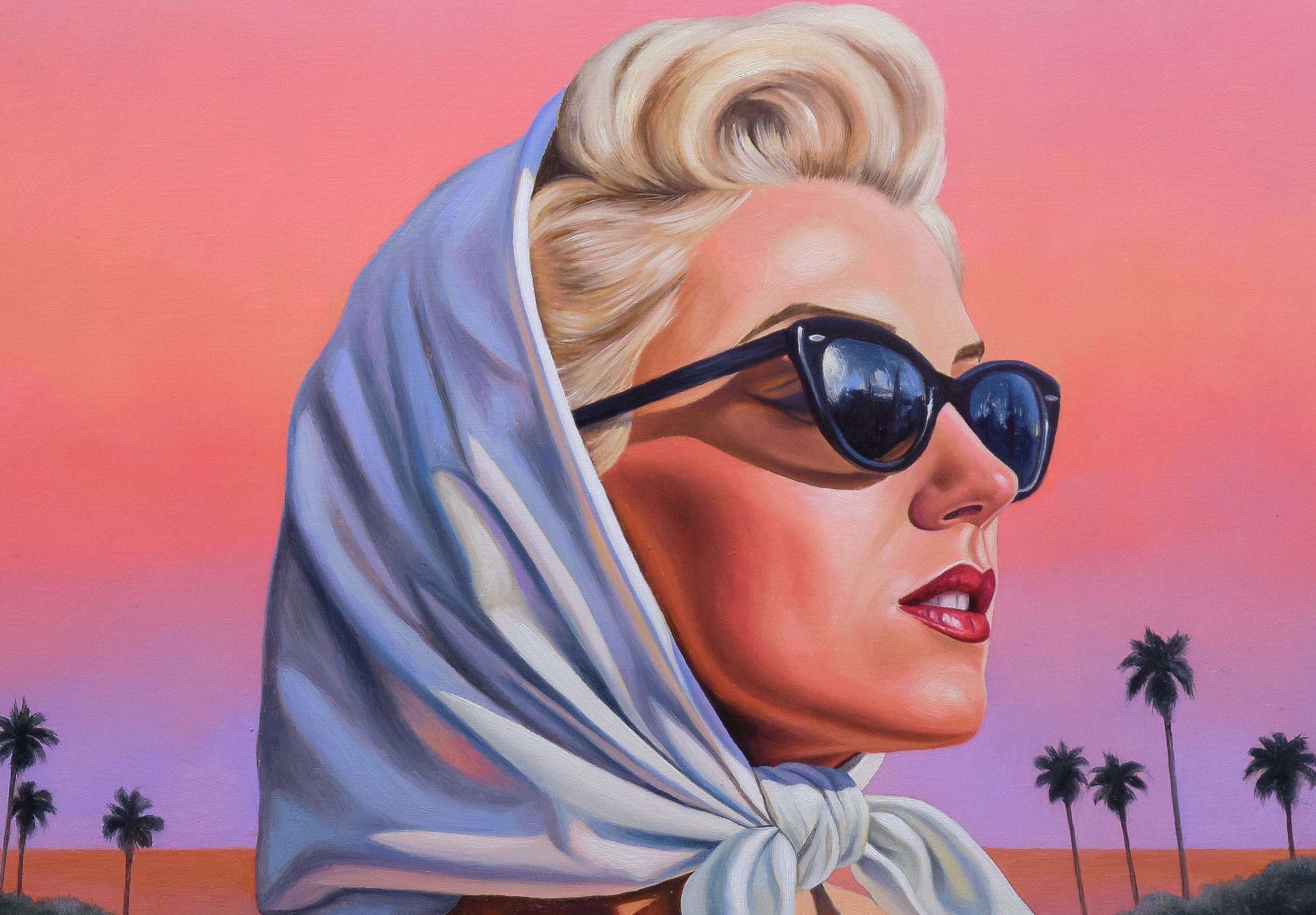 Stylized painting of a blonde woman in oversized sunglasses and a blue scarf against a pink sunset with palm trees