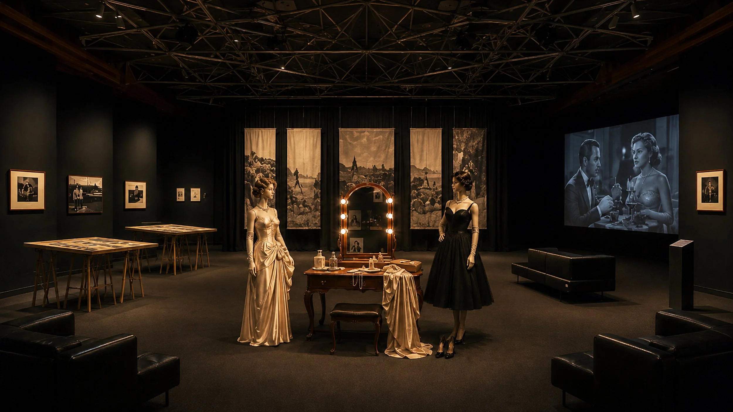 Dark museum exhibition featuring vintage photographs, theatrical costumes, dramatic backdrops, a vanity table, mannequins, and a projected film scene