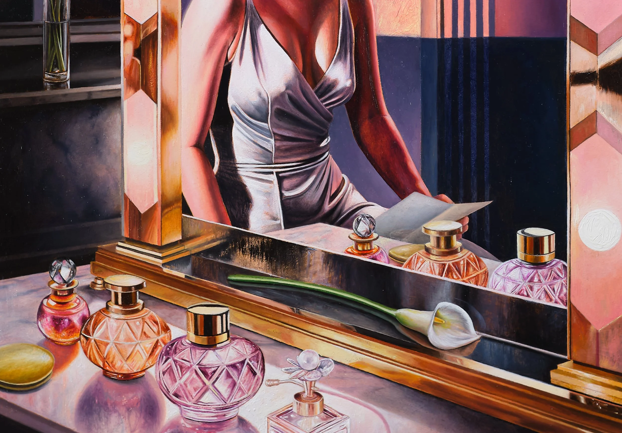 Artistic vanity scene with a woman in a silver dress reflected in a mirror, crystal perfume bottles, flowers, and decorative objects.