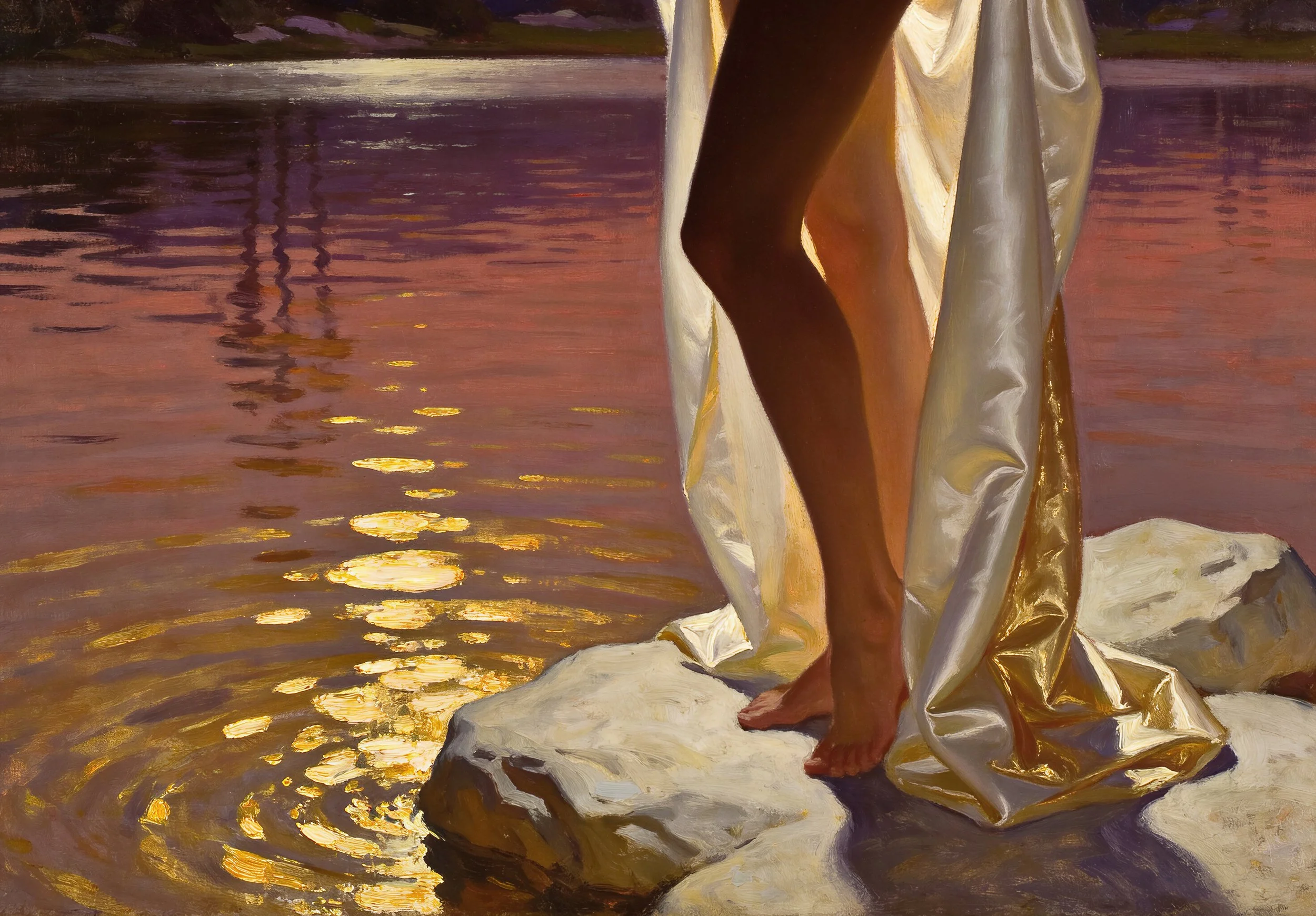 Impressionist painting of a barefoot person in flowing white garments standing on rocks in a reflective stream at sunset