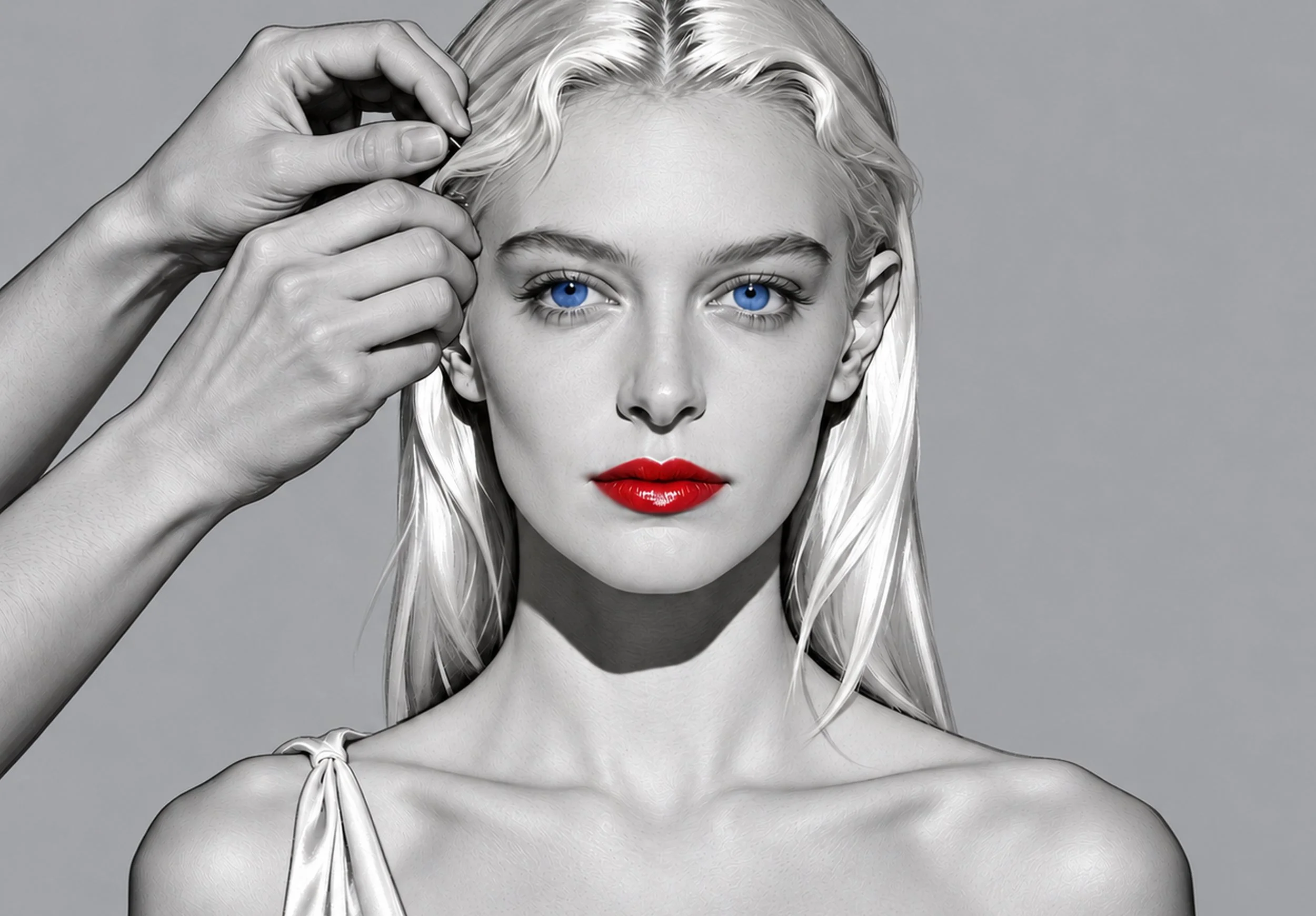 Stylized grayscale portrait of a blonde woman adjusting her hair, with vivid blue eyes and red lipstick.