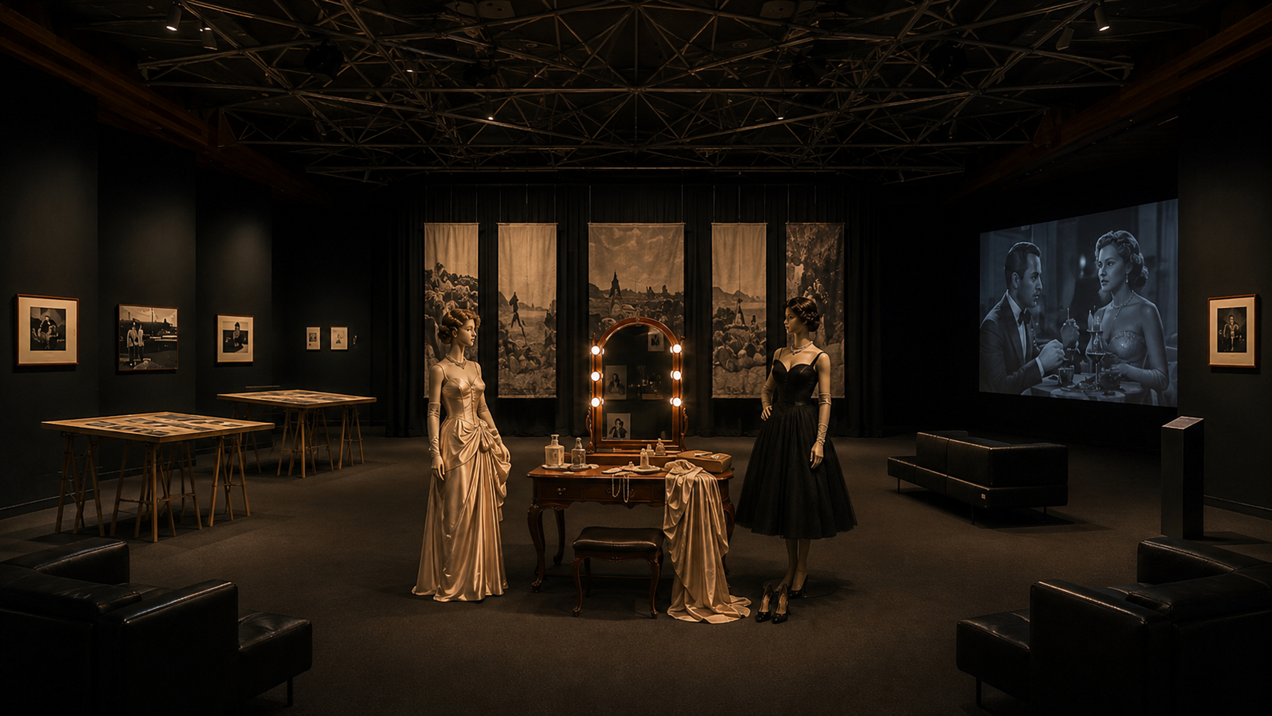Concept visualisation of the installation: a lit dressing table at the centre of a darkened gallery