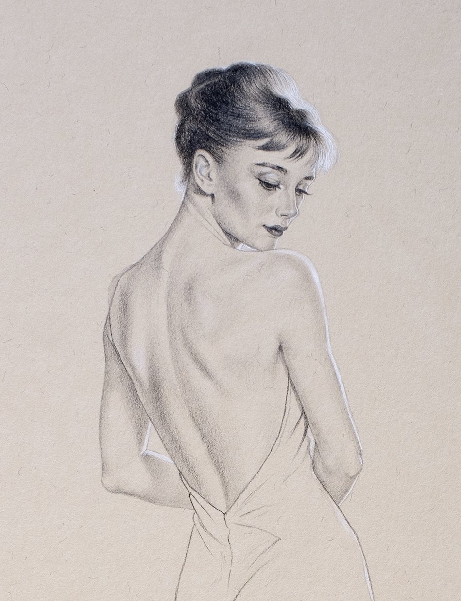 Pencil sketch of an elegant woman looking over her shoulder with a draped garment around her waist
