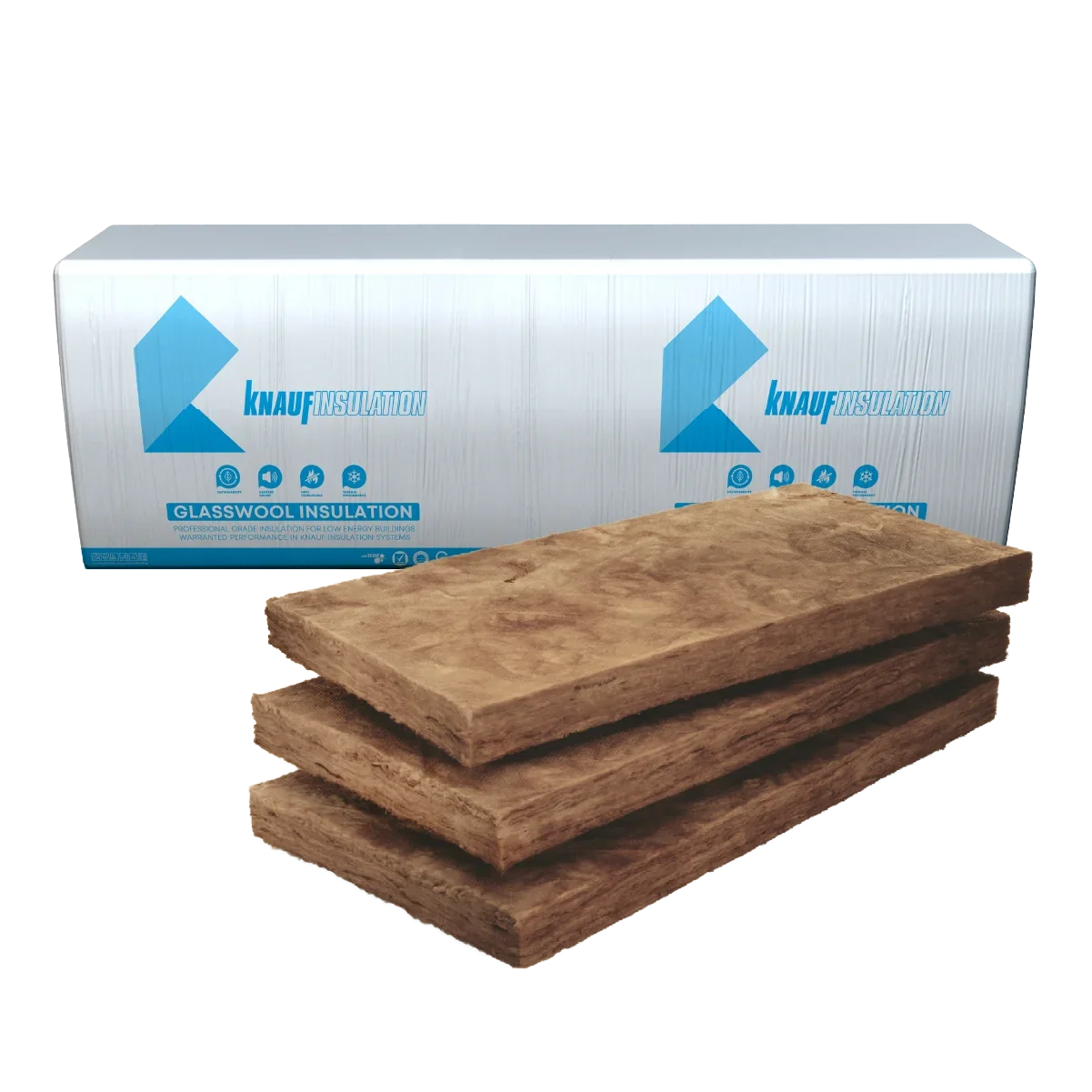 Stack of three brown glass wool insulation boards in front of a large white box labeled 'Knauf Insulation' with blue text and symbols.