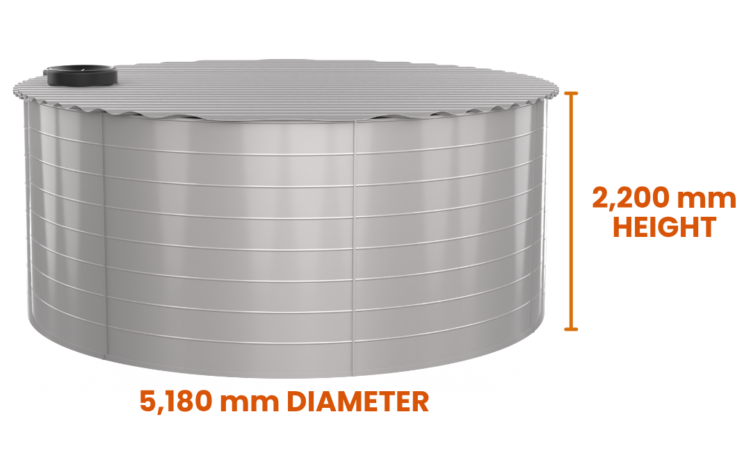 A large, round metal water tank with a ribbed surface, measuring 5,180 mm in diameter and 2,200 mm in height.