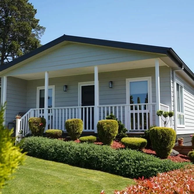 Front view of a house with a small porch, surrounded by well-maintained bushes and a green lawn, under a clear blue sky.