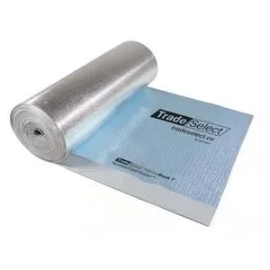 Silver roll of lamination film partially unrolled onto a blue sheet with Trade Select branding.