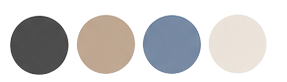 Four circles in a row, from left to right: dark gray, beige, blue, white.