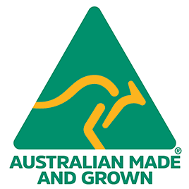 Australian Made and Grown logo featuring a kangaroo silhouette inside a green triangle.