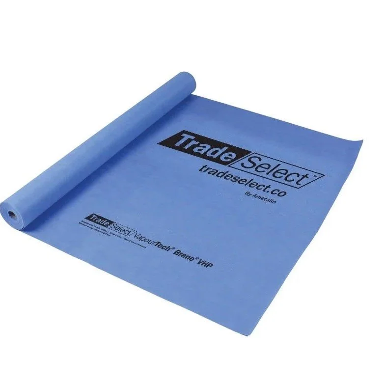 Blue tradeselect vapor barrier roll unrolled partially with product name and website visible.