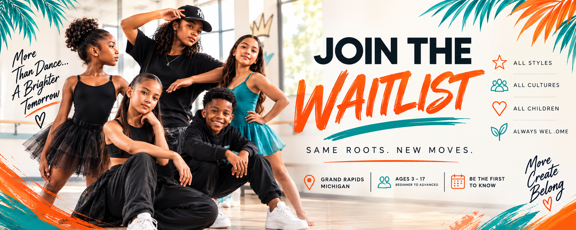 Group of children and a dance instructor in a dance studio, with promotional text overlay about joining the waitlist for a dance program for ages 3 to 17 in Grand Rapids, Michigan.