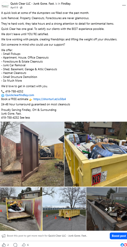 A collection of images showing various dumpsters filled with junk and debris, including household items, construction materials, and scrap metal, during a cleanup service. The photos highlight the cleanup process and the types of items removed.