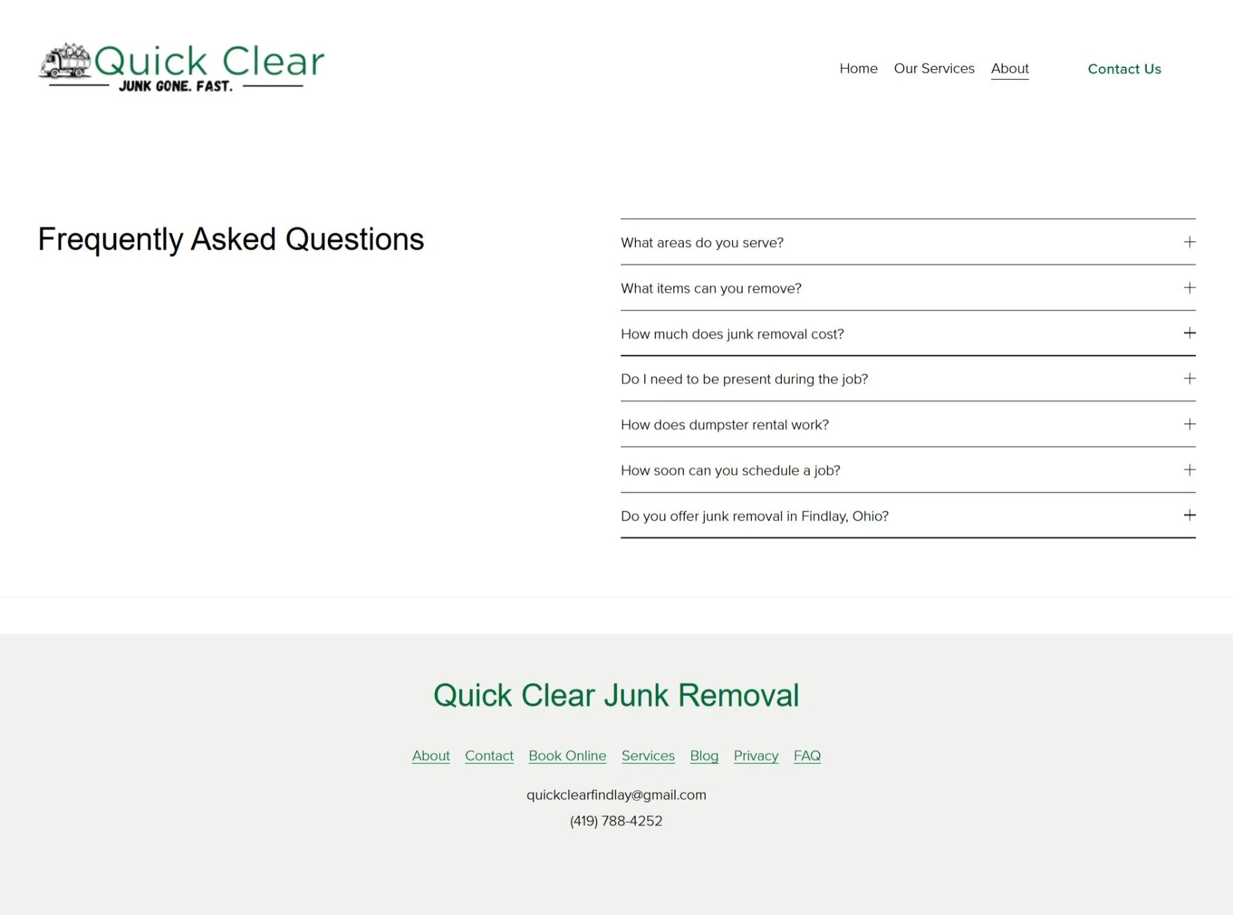 Screenshot of a website homepage for Quick Clear Junk Removal, showing navigation links, a section for frequently asked questions, and contact information.