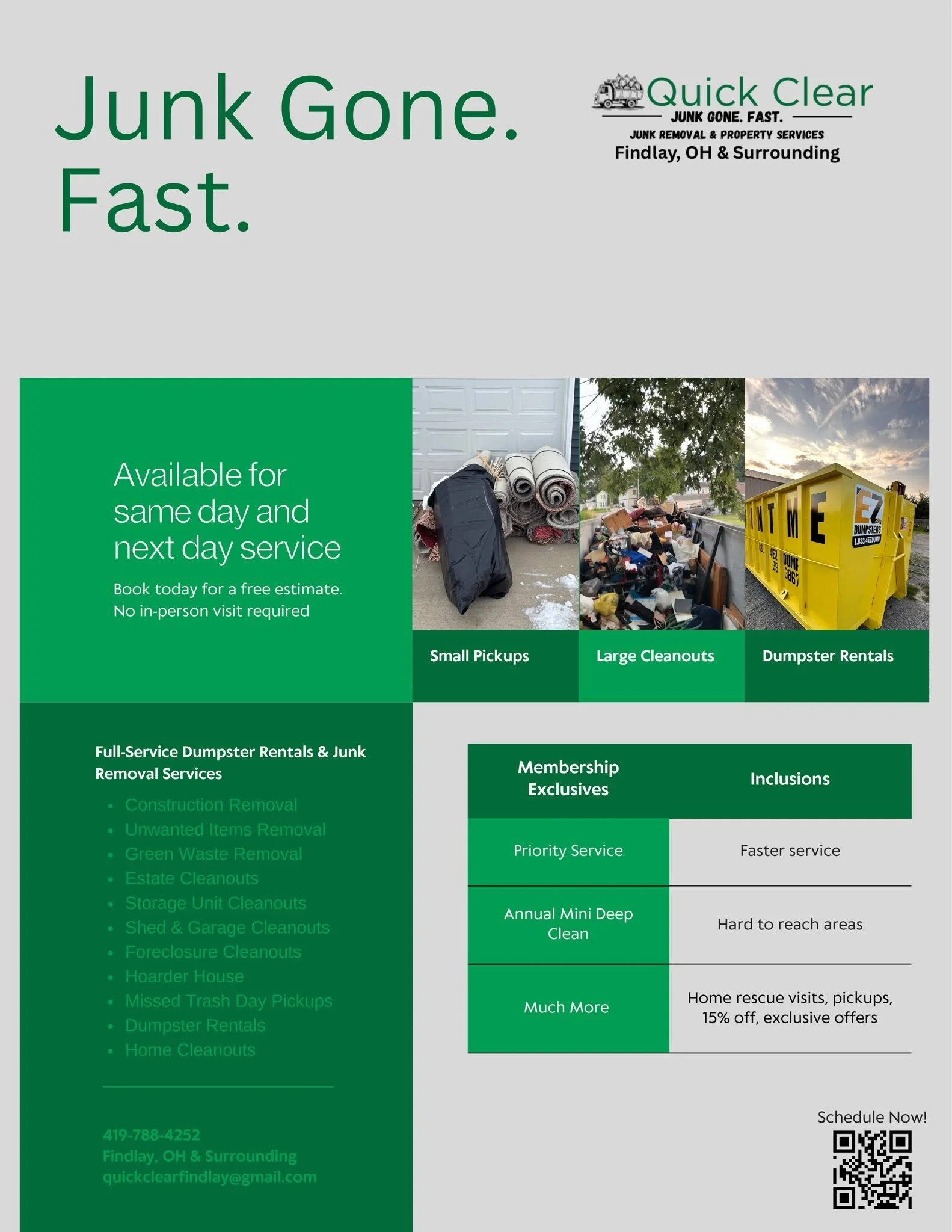 Flyer for Quick Clear Junk Removal & Property Services in Findlay, Ohio. Highlights include eco-friendly junk removal, same and next day service, free estimates, no in-person visit required, with options for small pickups, large cleanouts, and dumpst