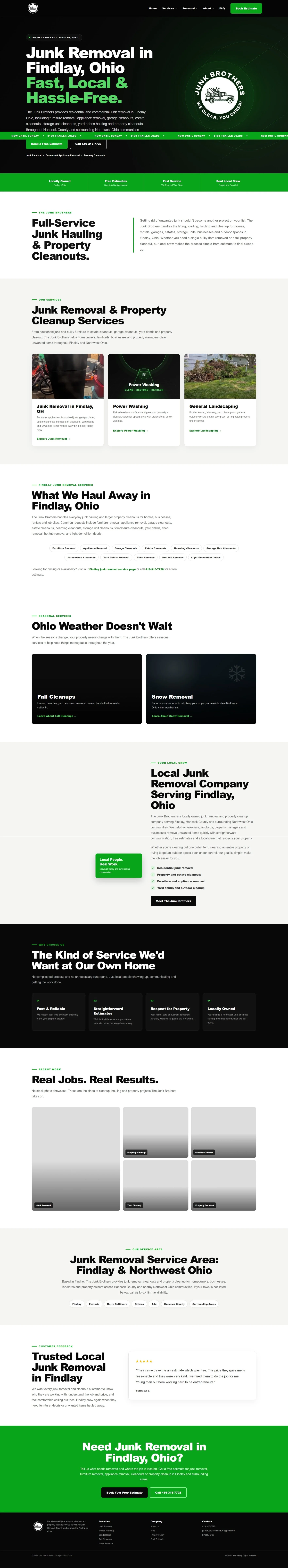 Website homepage for Junk Brothers, a junk removal and property cleanout service in Findlay, Ohio. Features green and white color scheme, services like full-service junk hauling, power washing, and lawn care, with sections on local service areas and 