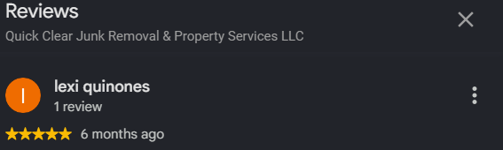 Screenshot of a Google review for Quick Clear Junk Removal & Property Services LLC, written by lex quinones, with 5-star rating.
